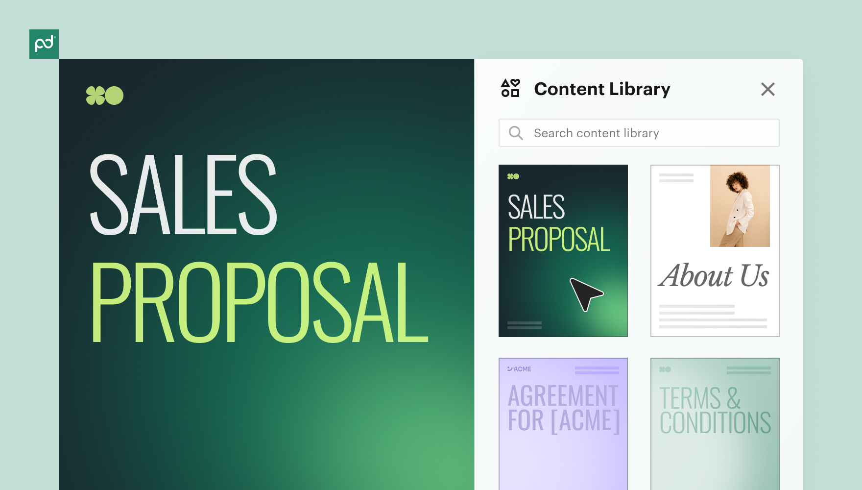 PandaDoc Content Library panel open on a Sales Proposal document. Panel shows a search bar and four content block thumbnails: Sales Proposal, About Us, Agreement for ACME, and Terms & Conditions.