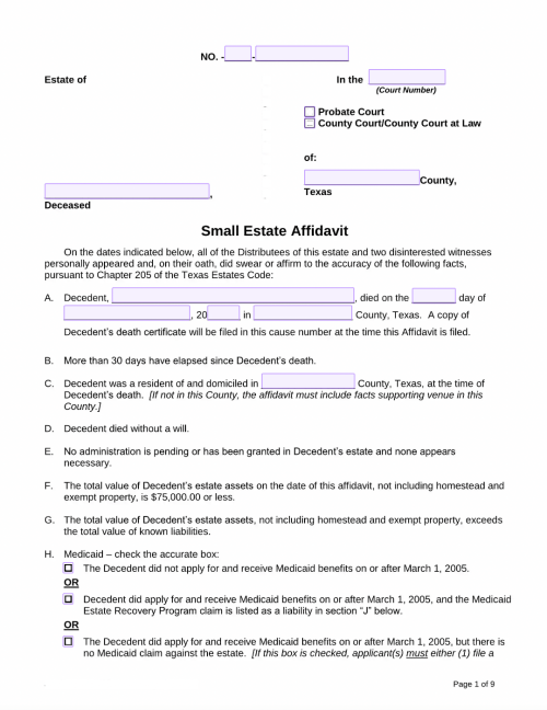 Small Estate Affidavit Texas (TX) Form