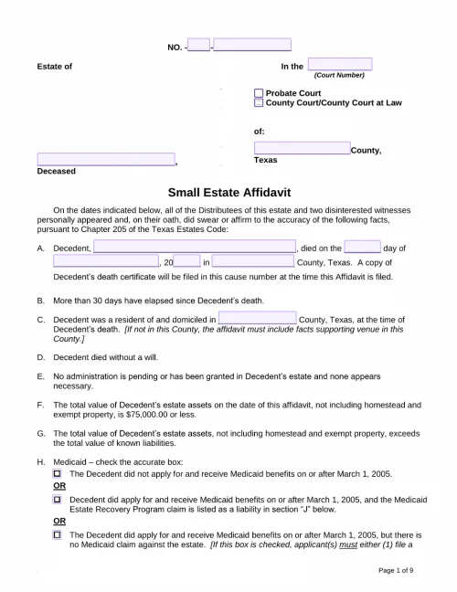 Small Estate Affidavit Texas (TX) Form