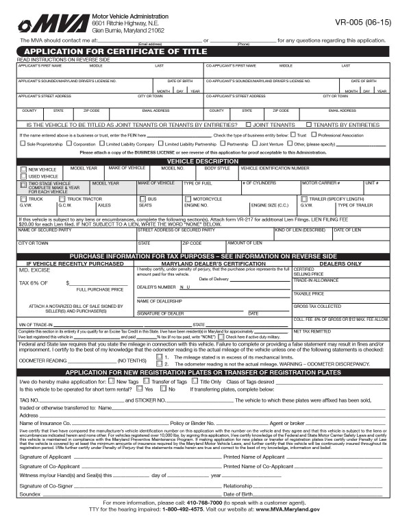 bill-of-sale-templates/maryland-md Application for certificate of title (Form VR-005)