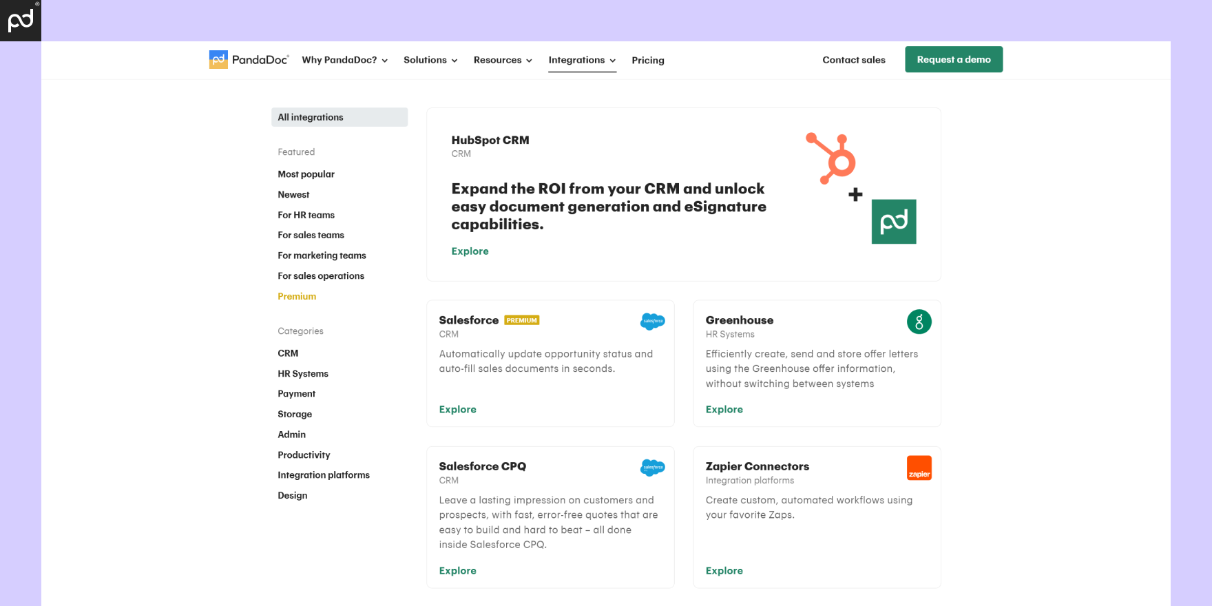 Screenshot of PandaDoc integrations page showcasing various integrations including HubSpot CRM, Salesforce, Greenhouse, and Zapier.