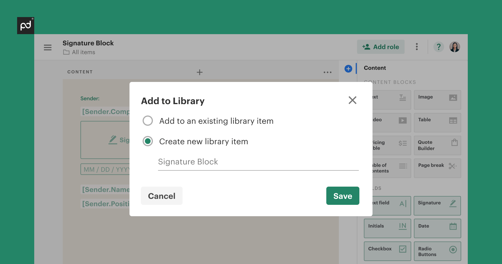 Create “New Library Item” and name its as “Signature Block”