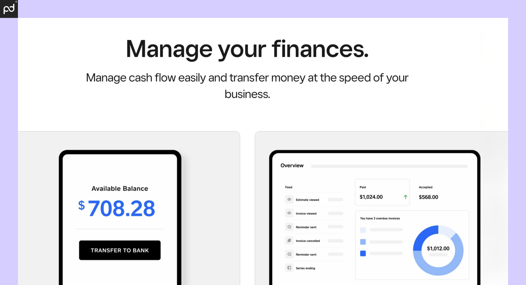 Screenshot of Square invoicing software interface showing available balance, invoice statuses, and a dashboard with paid, accepted, and overdue invoice indicators.