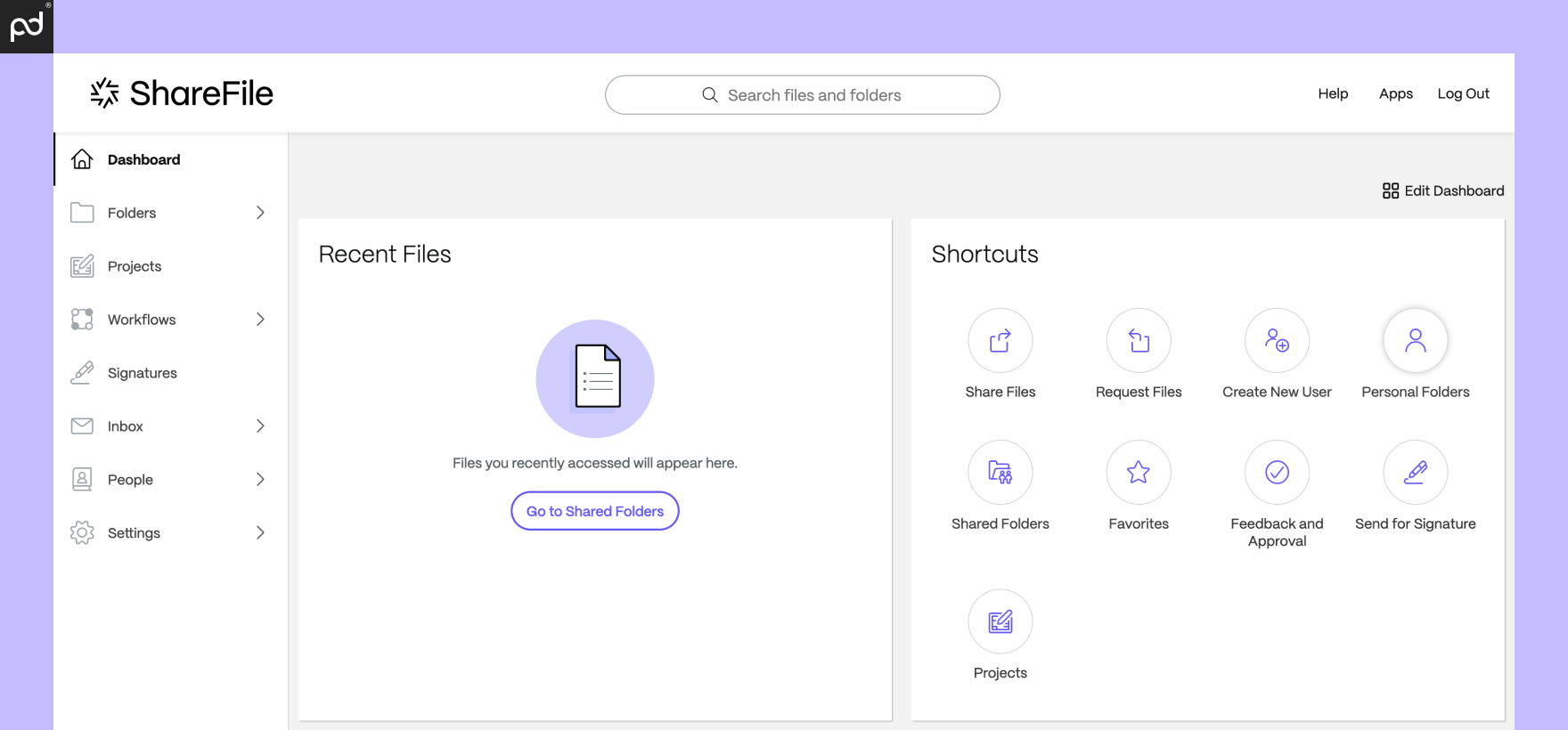 An image of the ShareFile user interface, including the ability to share and request files, request feedback and approvals, or send documents for e-signature.