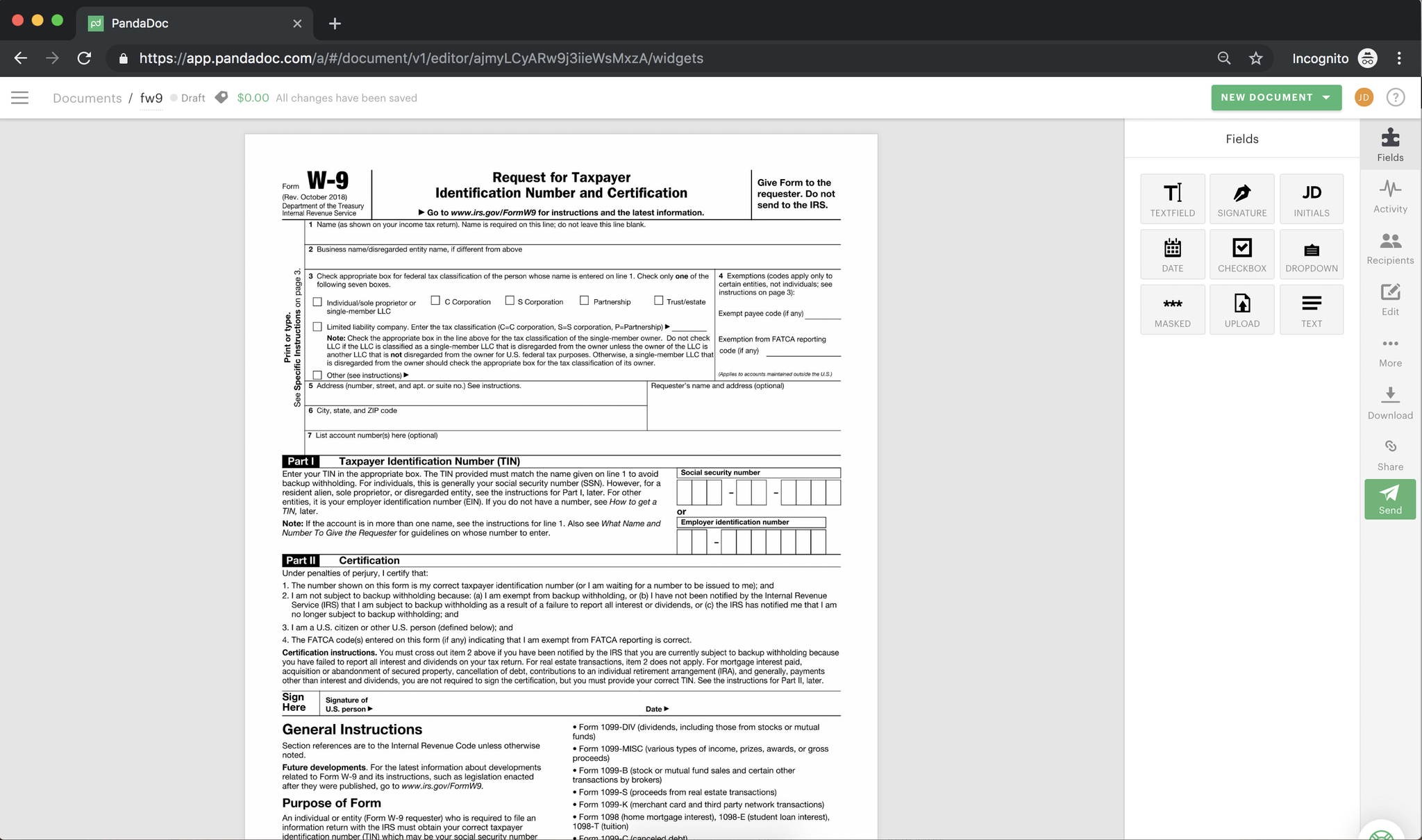 Use the FIELDS pane on the right side of the browser window to fill out your W-9