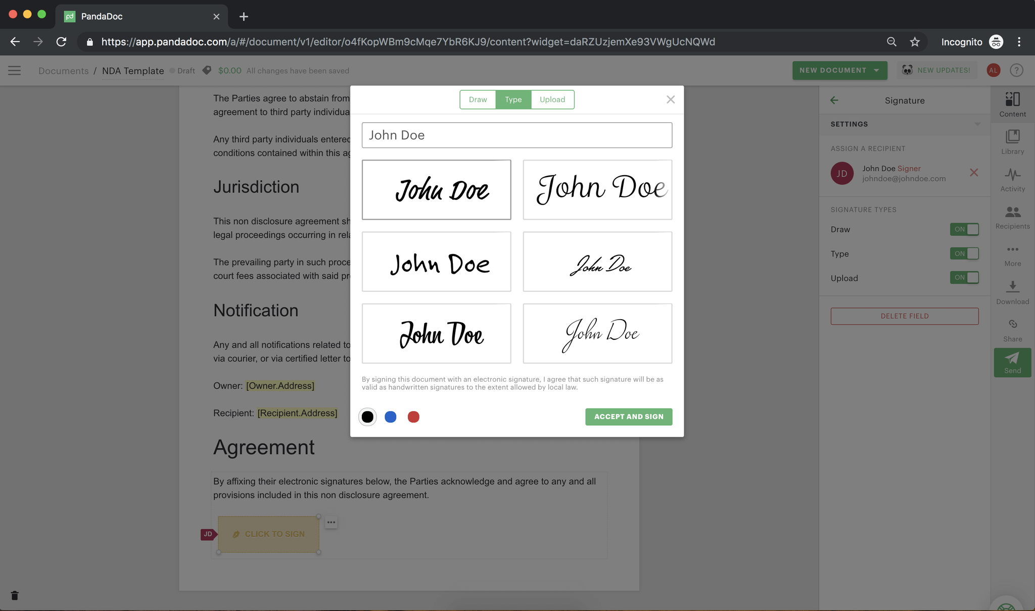 Screenshot of signing an NDA in PandaDoc
