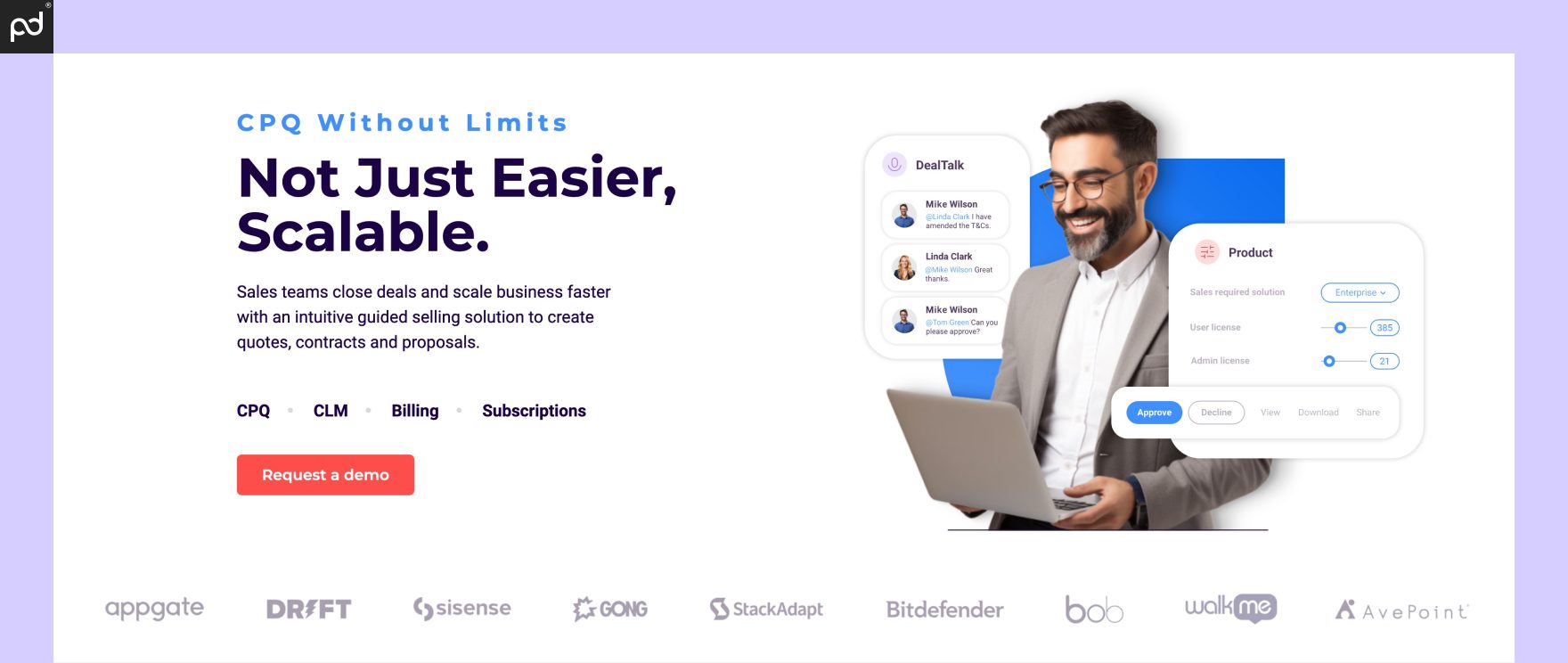 An image of the DealHub homepage, which displays the text “CPQ without limits” and emphasizes process scalability.