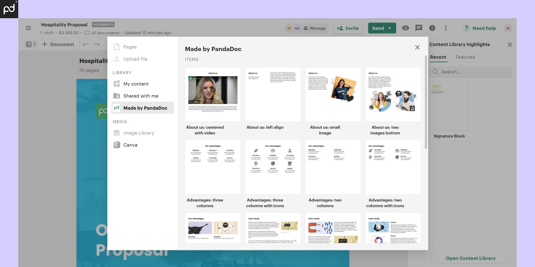 Screenshot of PandaDoc showing the setup of an approval workflow, including approver groups and conditions based on document value.