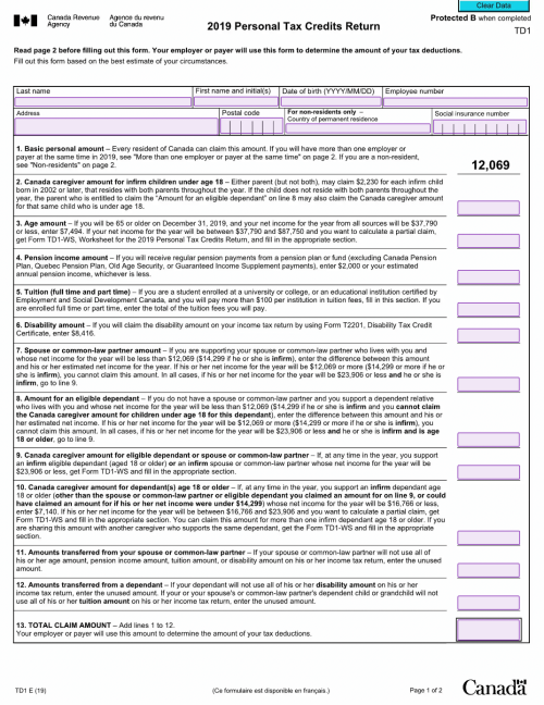 Electronic TD1 2019 Form (Personal Tax Credits Return)
