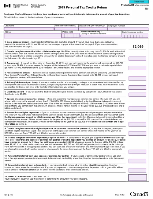 Electronic TD1 2019 Form (Personal Tax Credits Return)