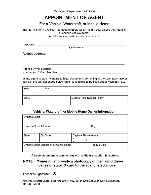 bill-of-sale-templates/michigan-mi Appointment of agent form