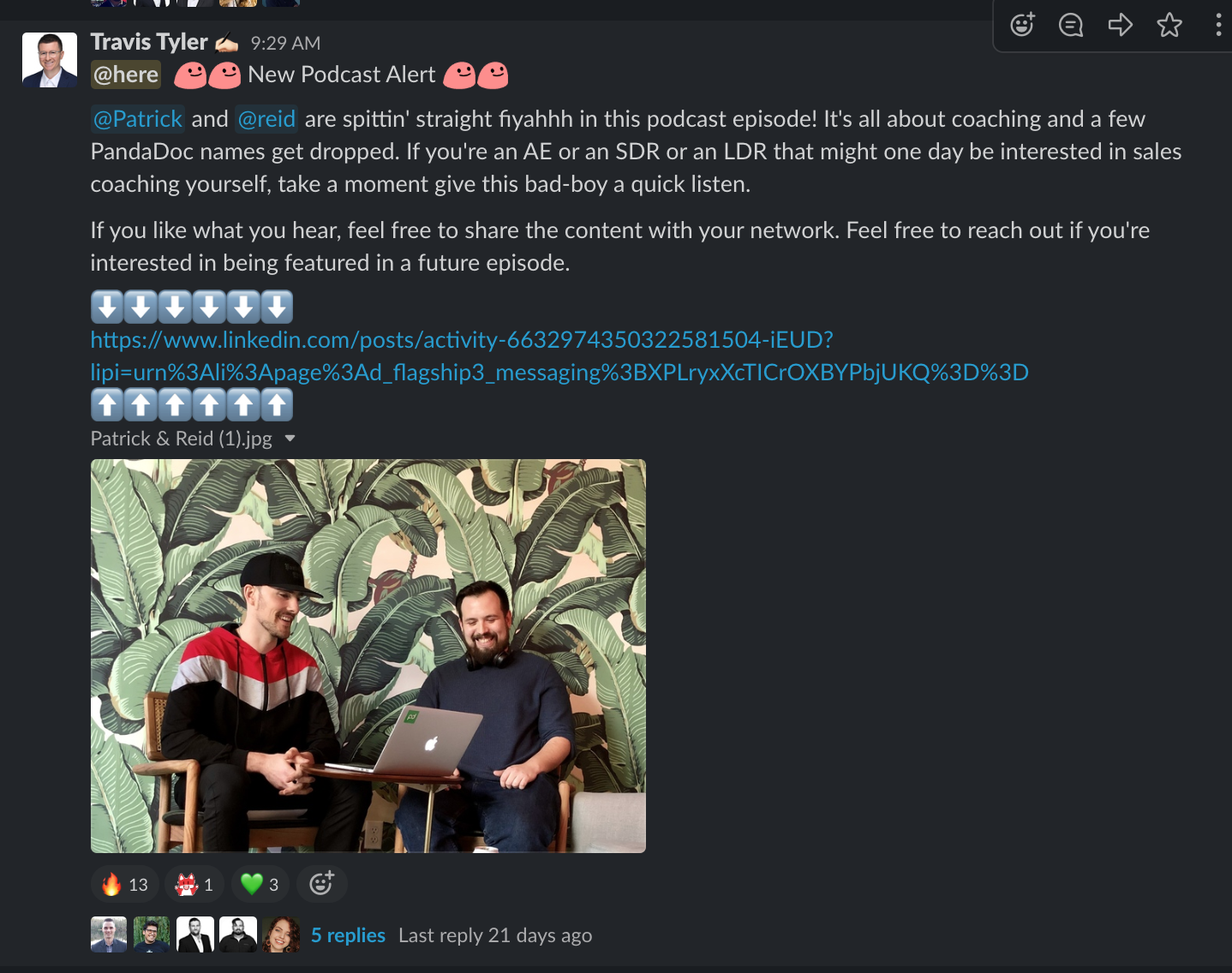 PandaDoc Slack promotion of the team’s social media content
