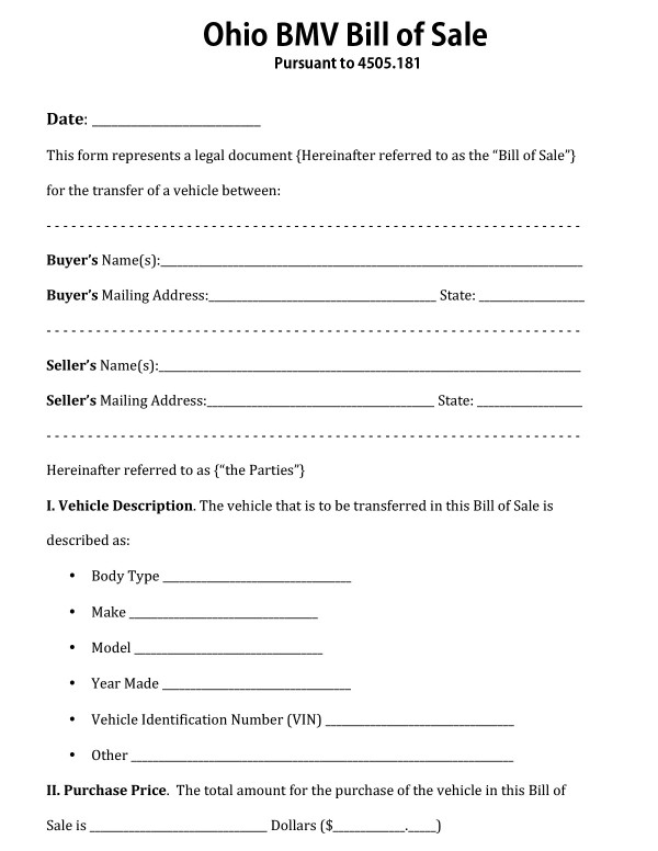 bill-of-sale-templates/ohio-oh Blank BMV bill of sale