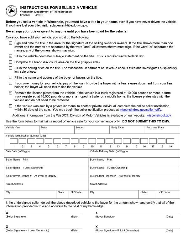 bill-of-sale-templates/wisconsin-wi Instructions for selling a vehicle (Form MV2928)