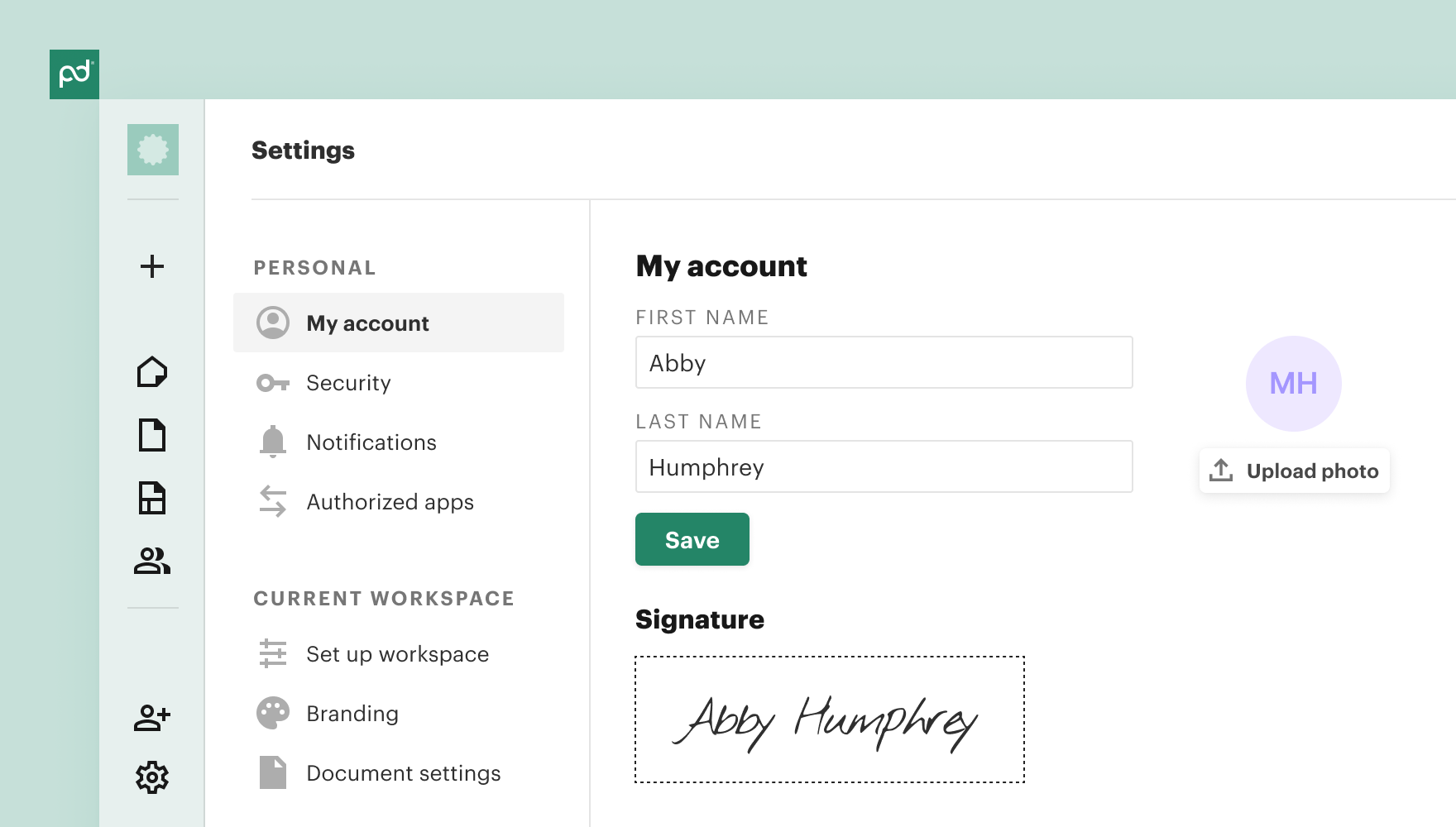 Fields show first name "Abby" and last name "Humphrey." A handwritten signature and Upload photo button are visible.