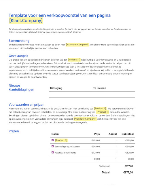 Voorstelsjabloon voor verkoop op één pagina
