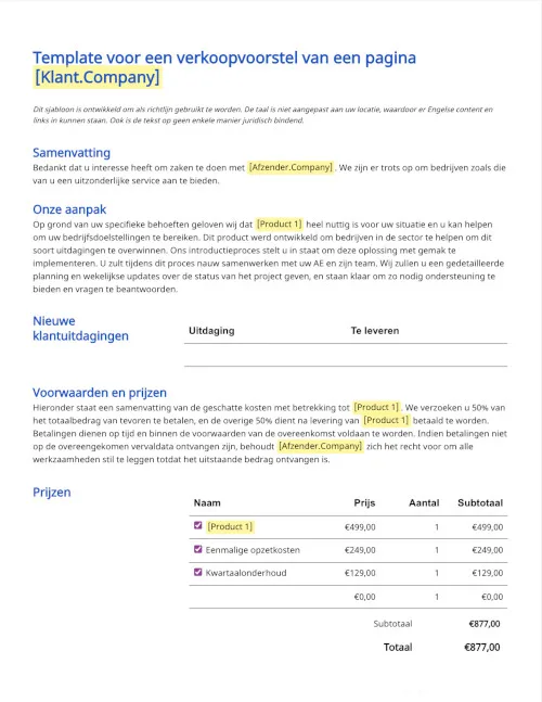 Voorstelsjabloon voor verkoop op één pagina
