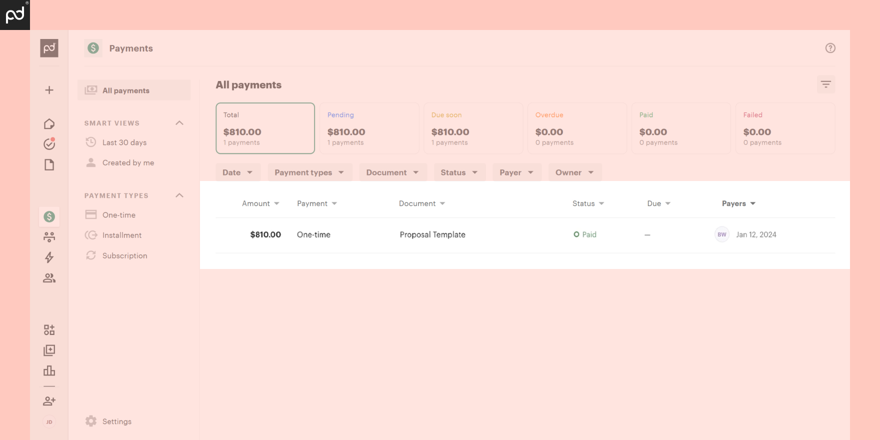 A screenshot of a payment feature status in PandaDoc displaying that the proposal template has been paid.