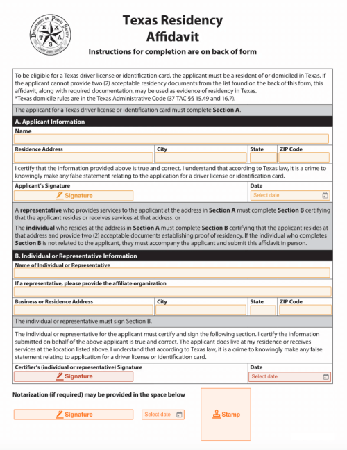 Texas Residency Affidavit Form