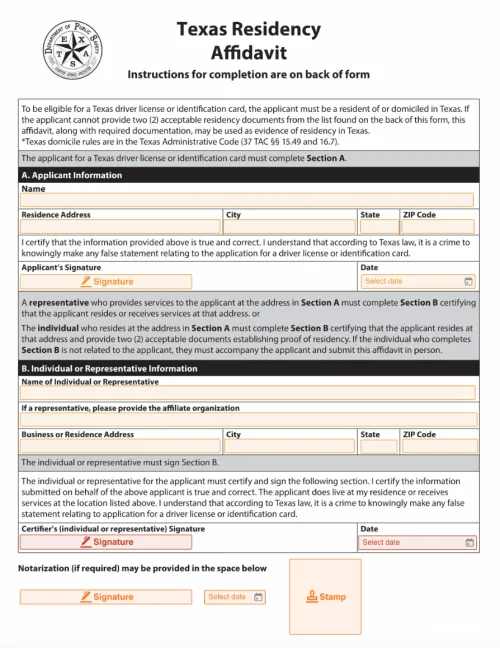 Texas Residency Affidavit Form