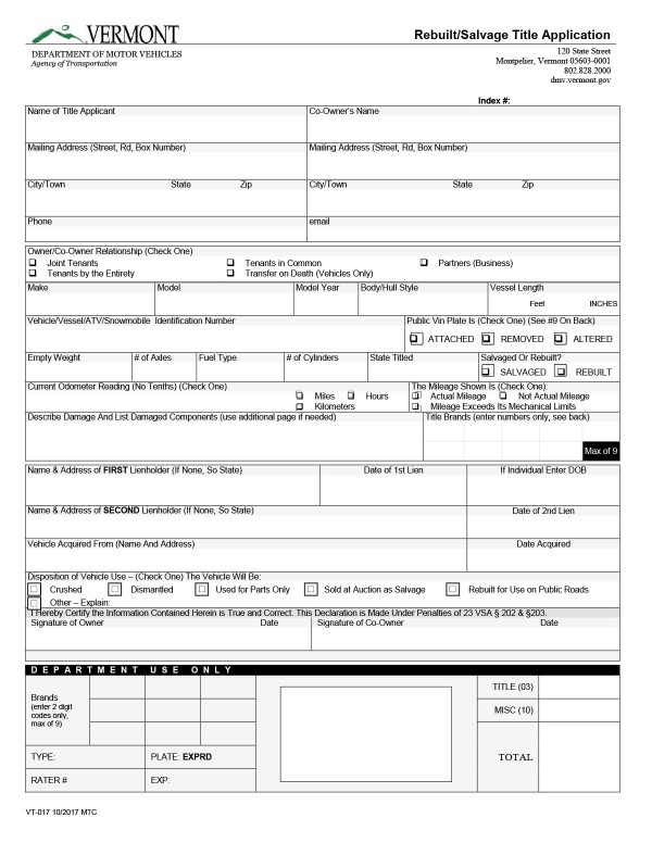 bill-of-sale-templates/vermont-vt Rebuilt/salvage title application