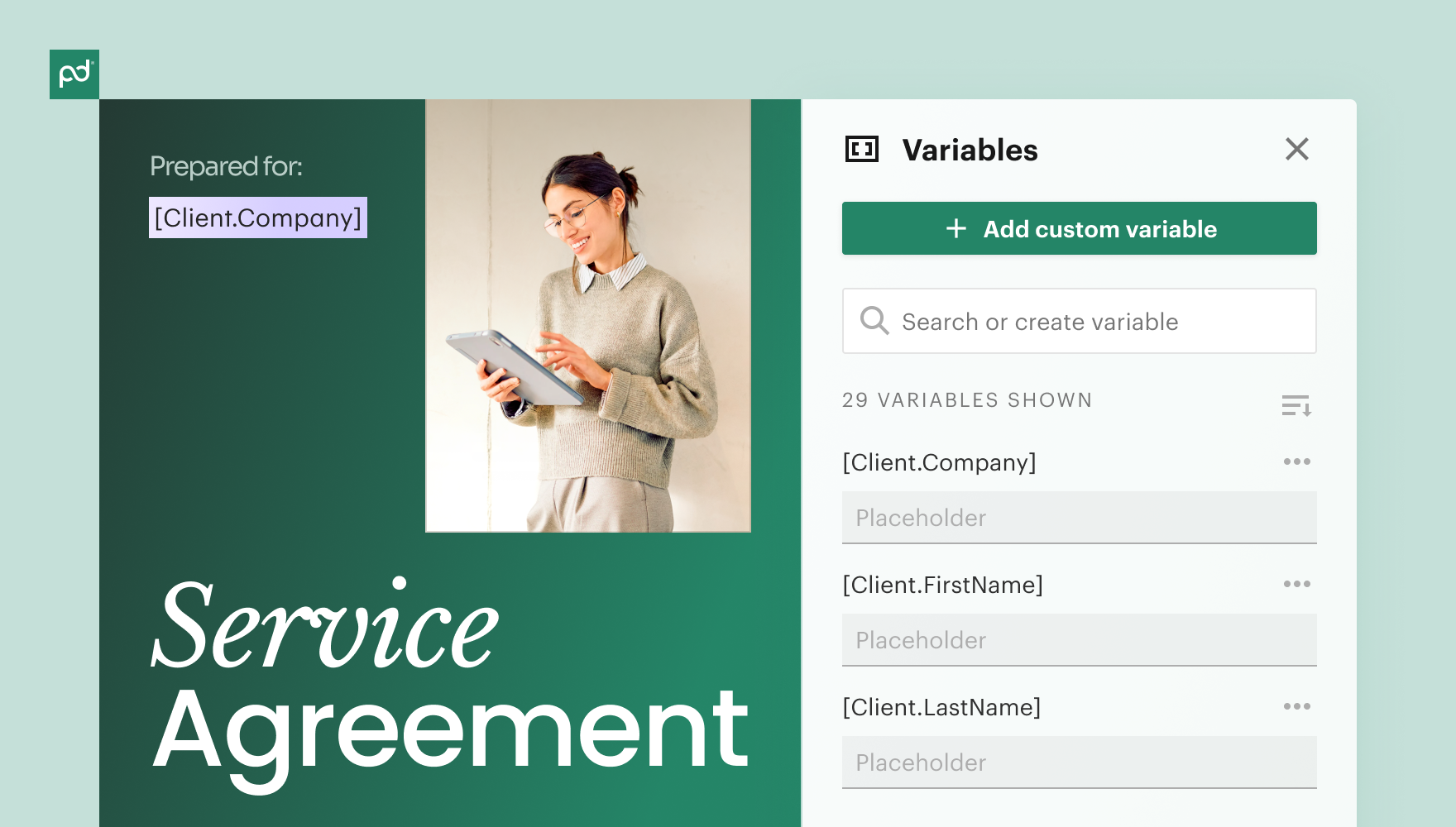 PandaDoc Variables panel on a Service Agreement. Lists 29 variables including [Client.Company] and [Client.FirstName]. Add custom variable button is at the top.