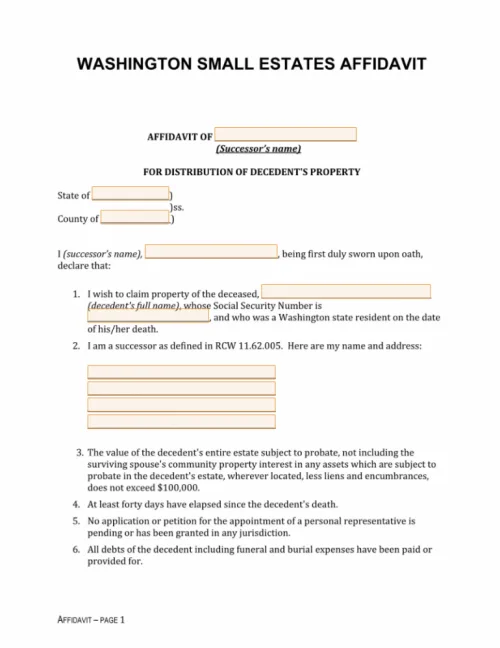 Small Estate Affidavit Washington Form