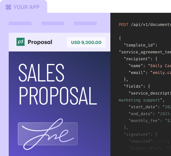 Sales proposal signature split screen with code.