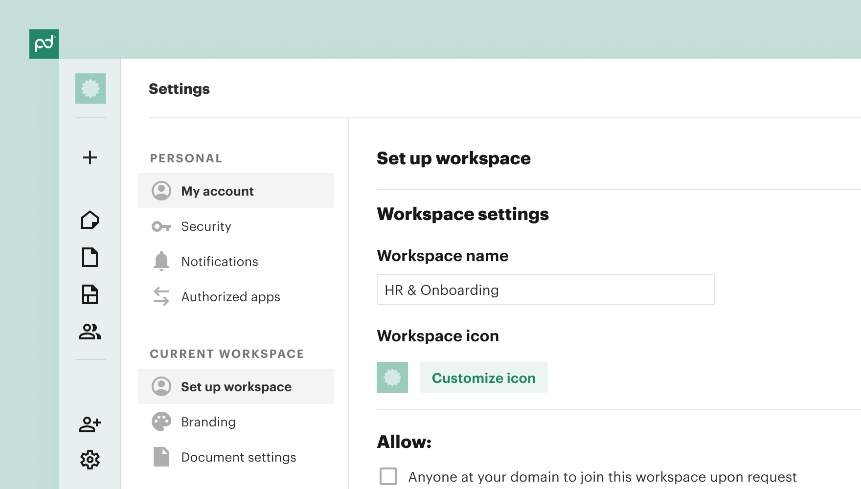 PandaDoc Set up workspace settings. Workspace name is "HR & Onboarding." Option to allow domain users to join is unchecked.