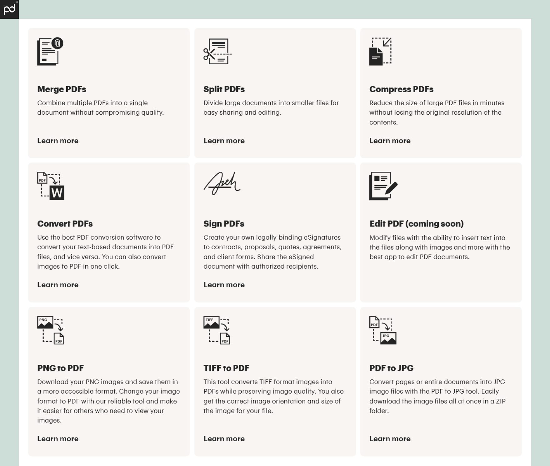 PandaDoc interface displaying a suite of PDF editing tools such as merge PDFs, split PDFs, compress PDFs, convert PDFs, sign PDFs, edit PDFs (coming soon), PNG to PDF, TIFF to PDF, and PDF to JPG.