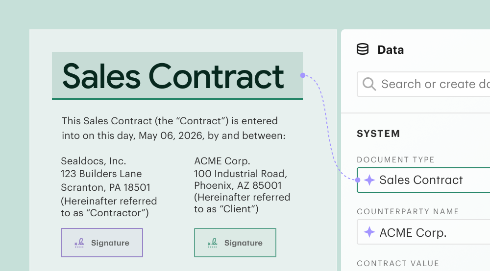 PandaDoc document editor showing a Sales Contract between Sealdocs, Inc. and ACME Corp., with an AI-powered Data panel on the right auto-populating fields like document type and counterparty name.