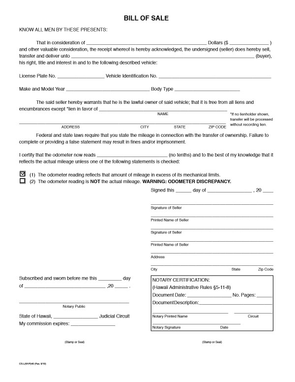 bill-of-sale-templates/hawaii-hi Car/Vehicle bill of sale
