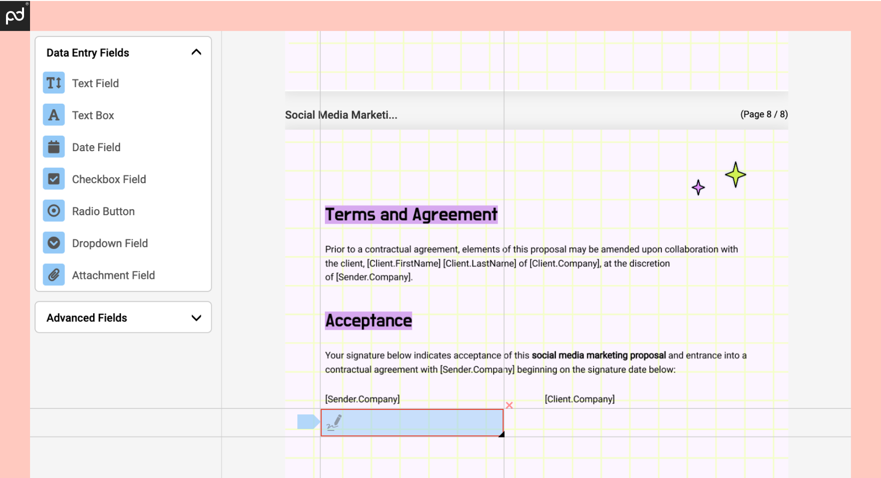 An image depicting Foxit’s document preparation area, with a signature box already added to the signing area.