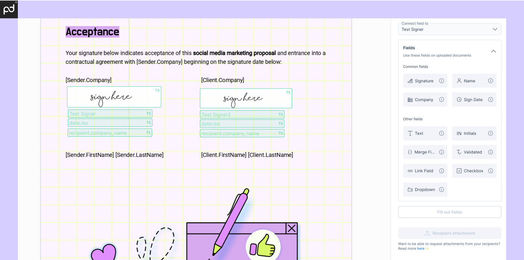 An image depicting the e-signing process within GetAccept. Signature fields, along with various text-based fields have been added to a PDF document.