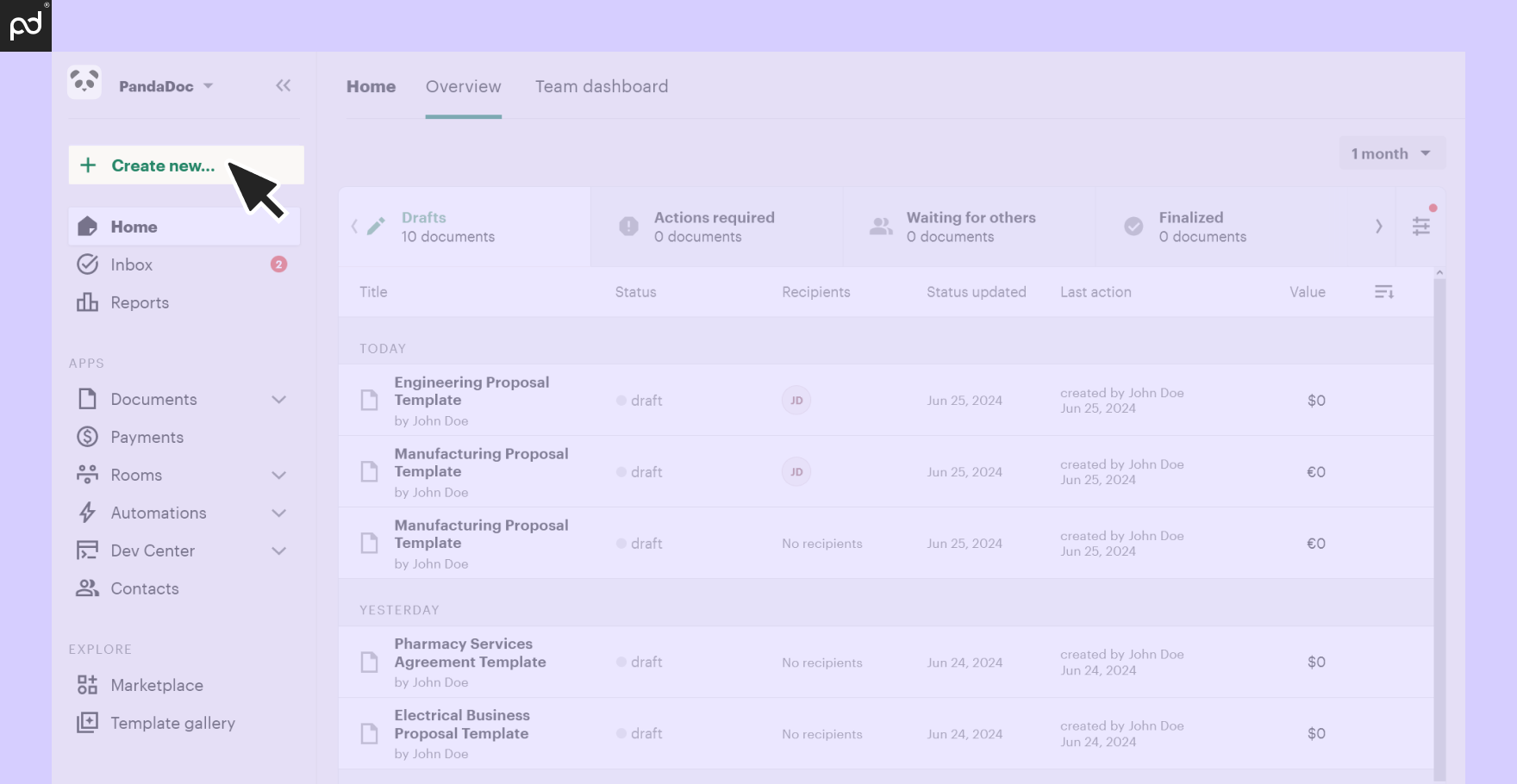 Screenshot showing where to click “Create new…” in the PandaDoc editor in order to begin working on a new doc