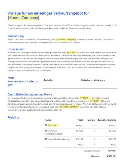Vorlage für Kostenvoranschlag auf einer Seite