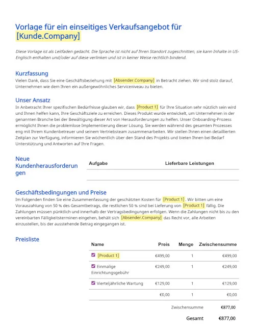 Vorlage für Kostenvoranschlag auf einer Seite