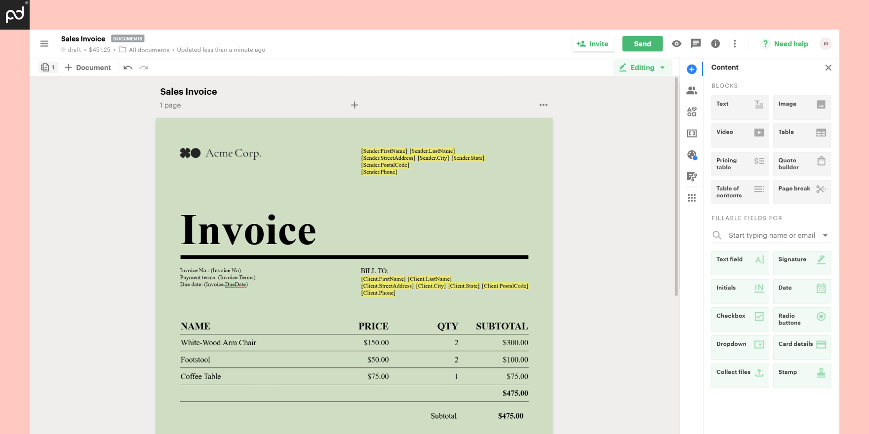 A screenshot of the invoice template in PandaDoc showcasing fields name, price, quantity and subtotal amount.