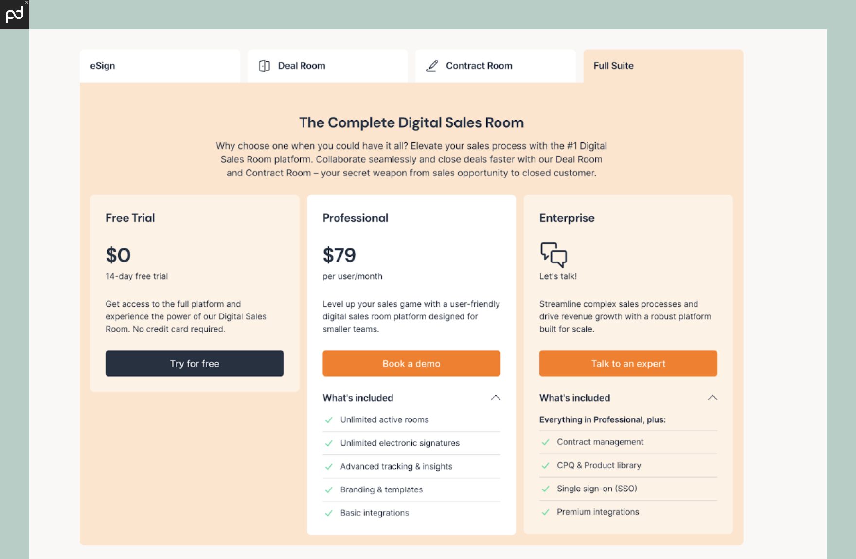 An image depicting the GetAccept pricing options for the Full Suite plan, including Professional ($79/month) and an Enterprise upgrade option.
