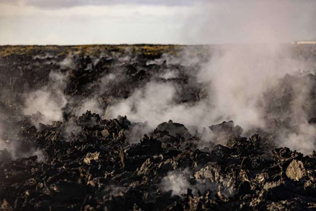 Steam Rising from Volcanic Lava Field near Grindavík