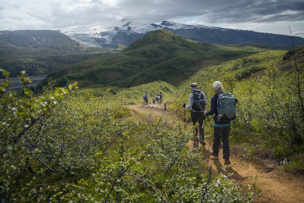 Hikers in Thorsmörk valley in Iceland highland