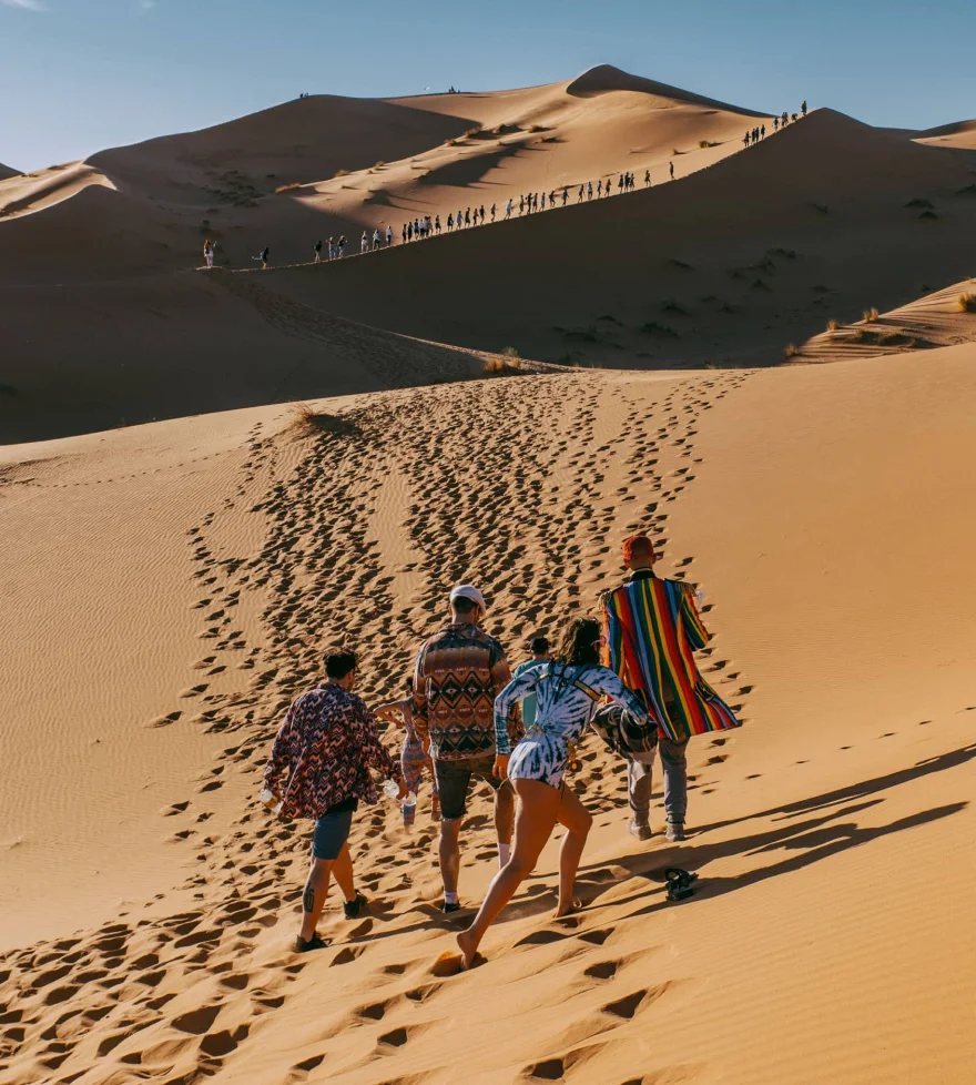 A group of festival goers wanders the desert