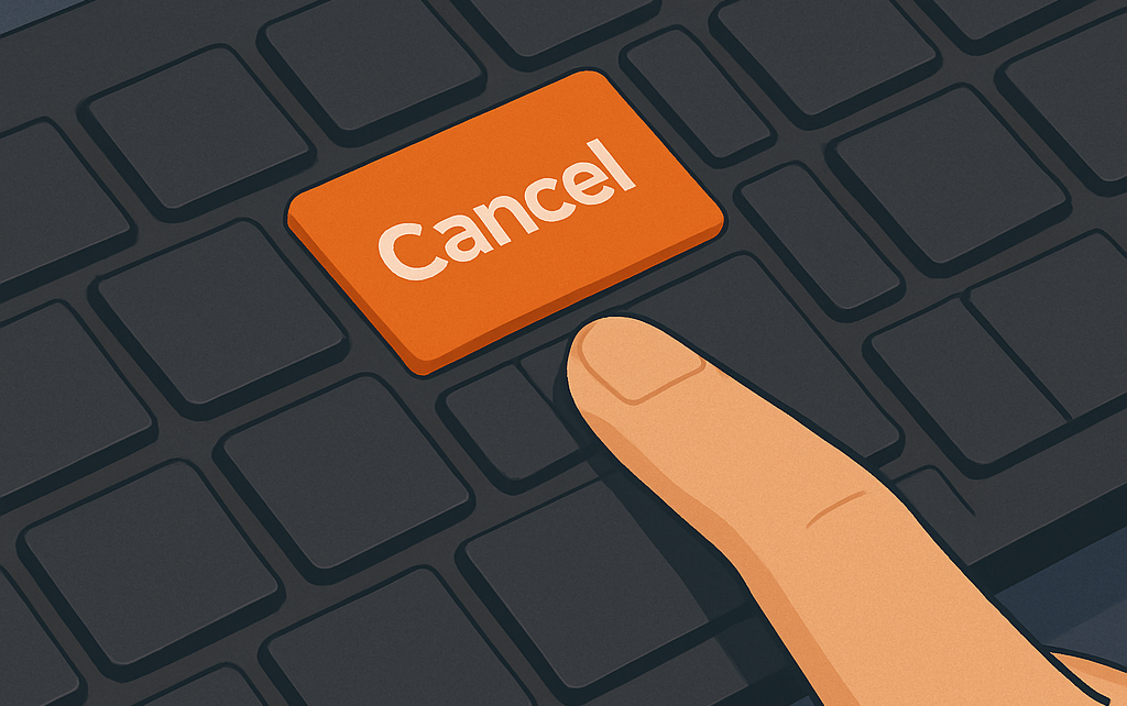 A finger is about to press the "Cancel" button.