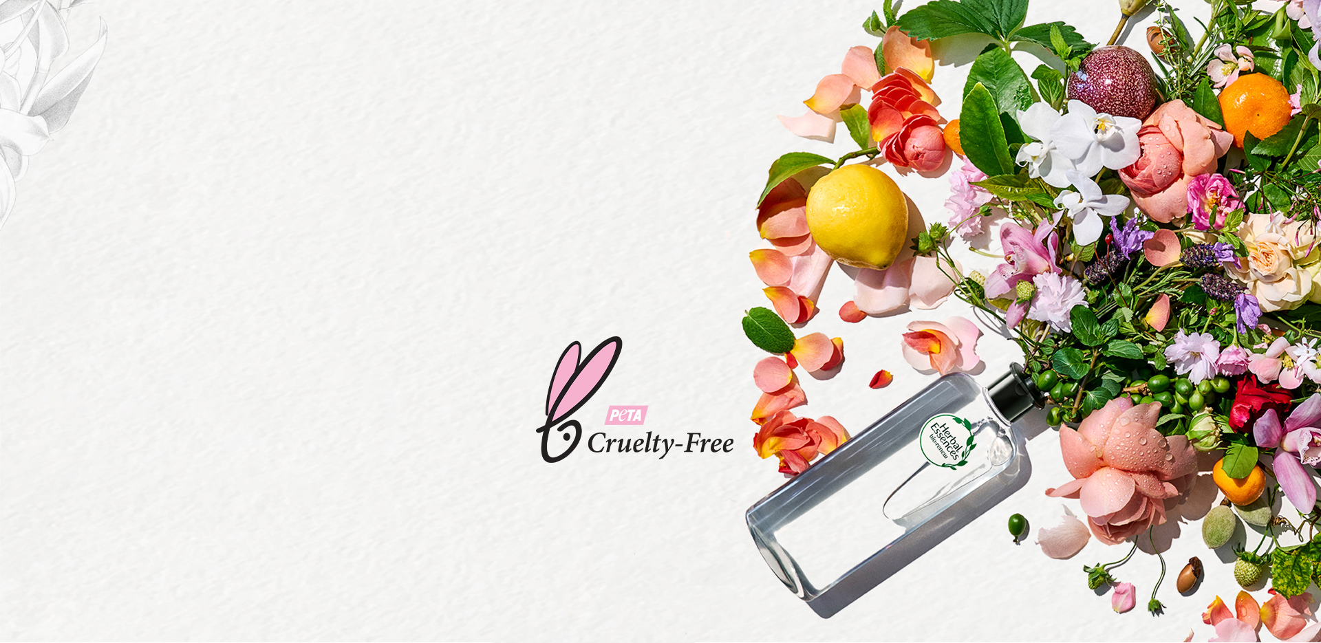Explosión de flores blancas y rosadas, frutas naranjas y plantas que salen del shampoo Herbal Essences