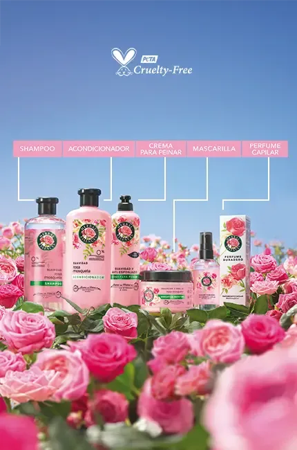 Línea completa Herbal Essences Rosa Mosqueta entre flores. Incluye shampoo, acondicionador, crema para peinar, mascarilla y perfume capilar.