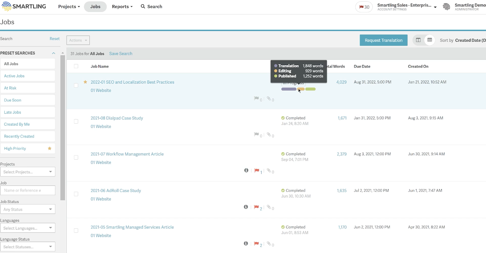 Smartling dashboard