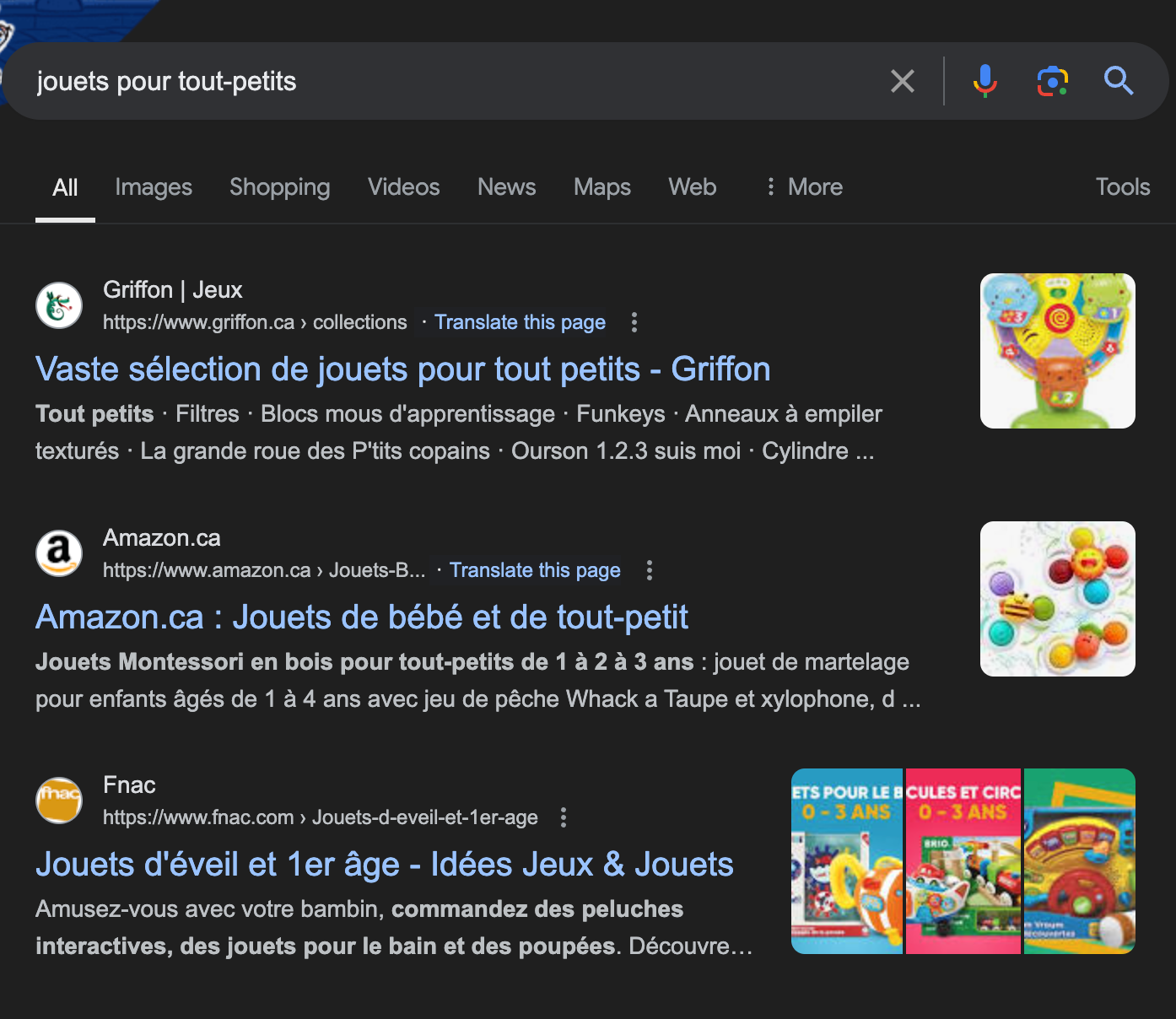 Search results for jouets pour tout-petits in French, which translates to “toys for toddlers.” 