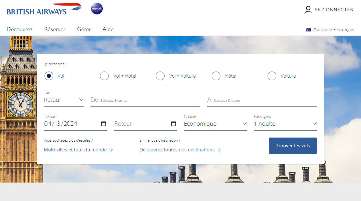 British Airways landing page translation