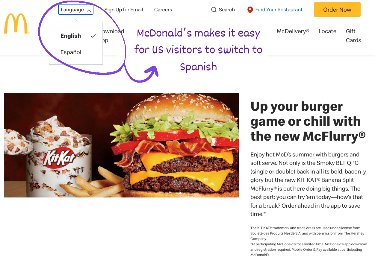 An example of multilingual UX options (Source: McDonald’s home page)