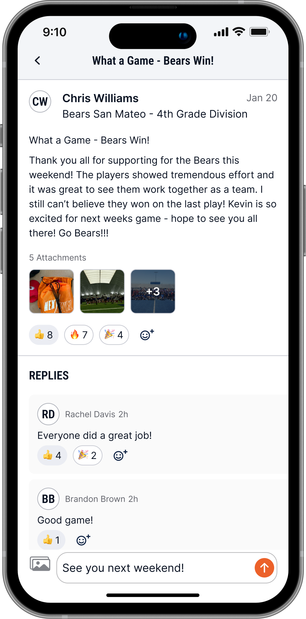 Next Level Sports app messages screen